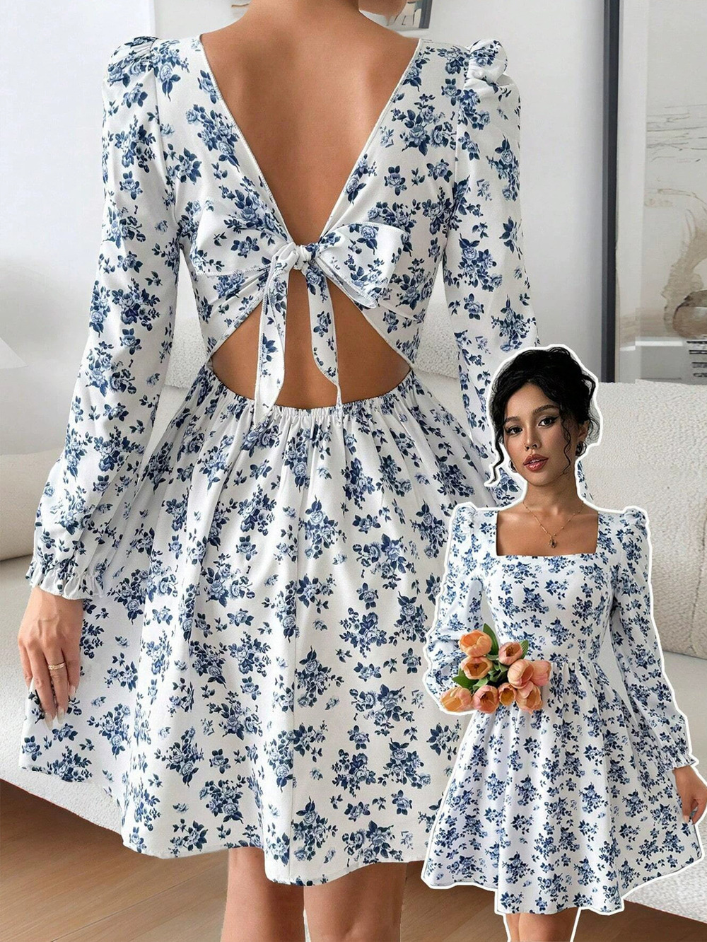 ZARA French Square Neck High Waist Backless Tie Floral Mini Spring Dress